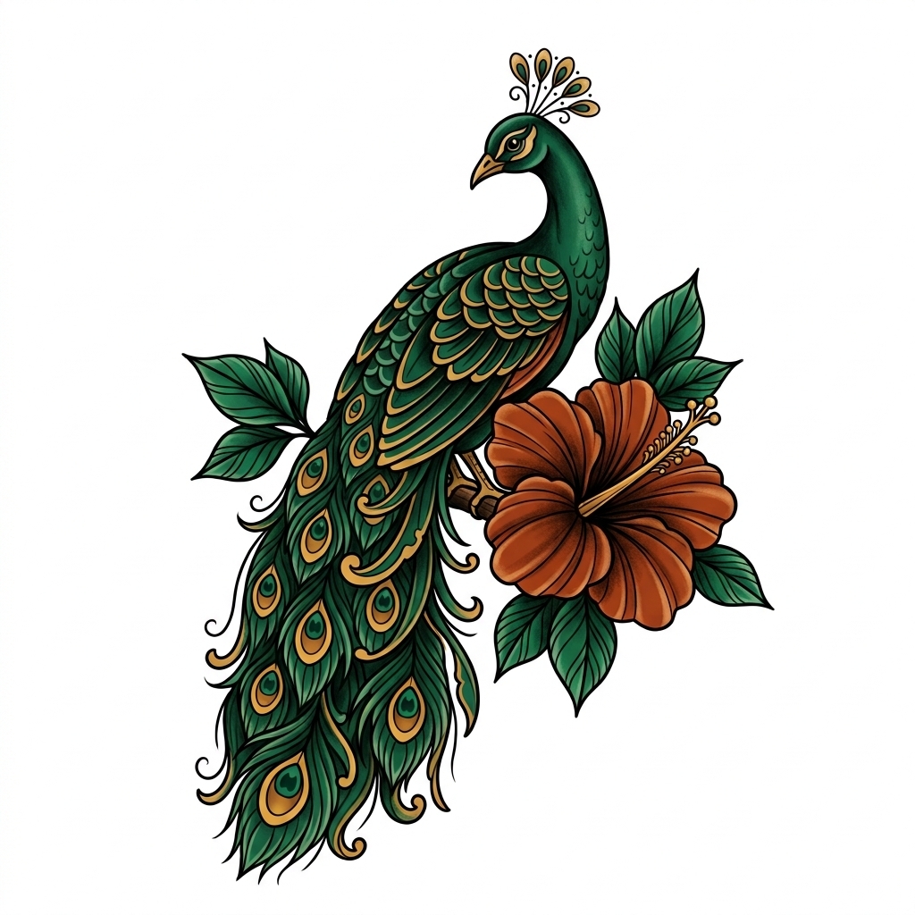 Peacock and hibiscus temporary tattoo design