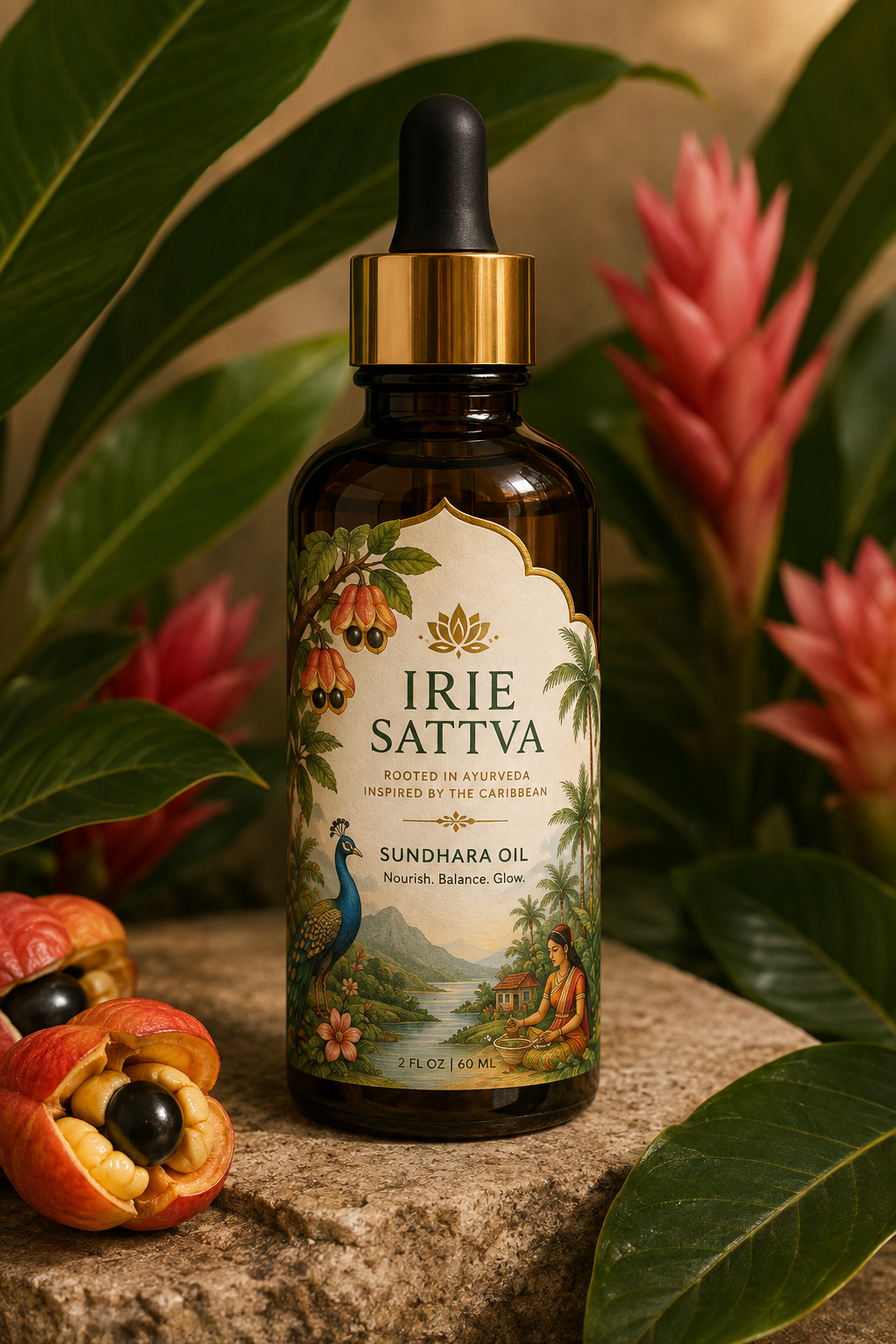 Sundhara Oil — an amber dropper bottle with the Irie Sattva peacock label, set among tropical leaves